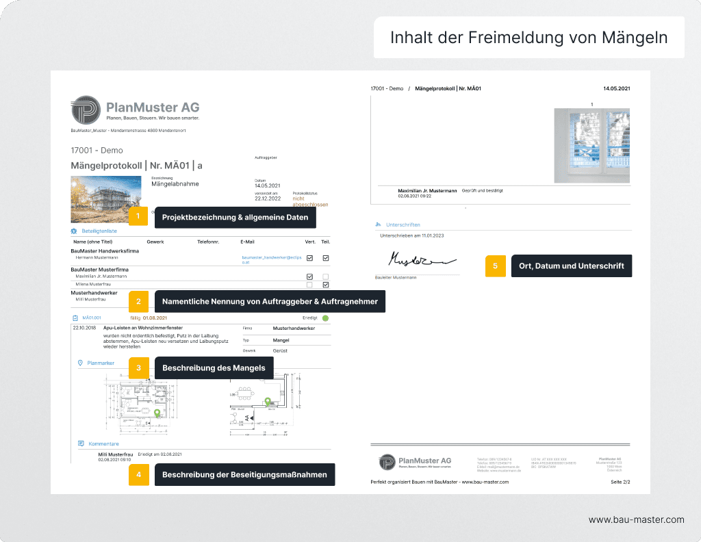 Mängelfreimeldung Inhalte