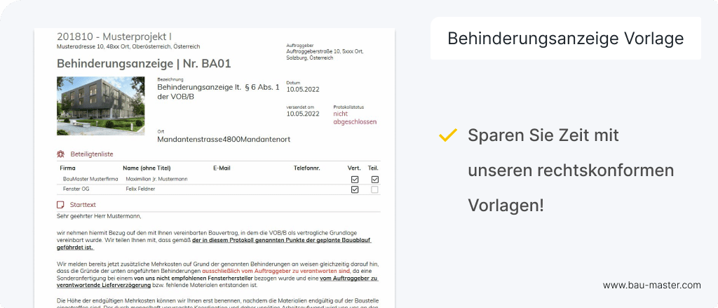 Behinderungsanzeige Beispiel in BauMaster