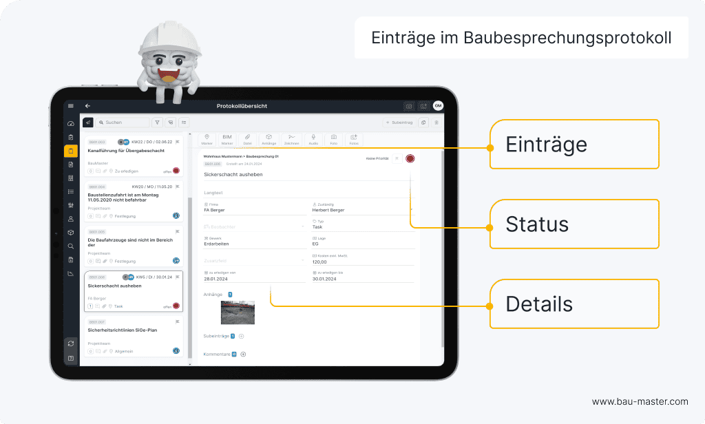Baubesprechungsprotokoll Tablet-Ansicht